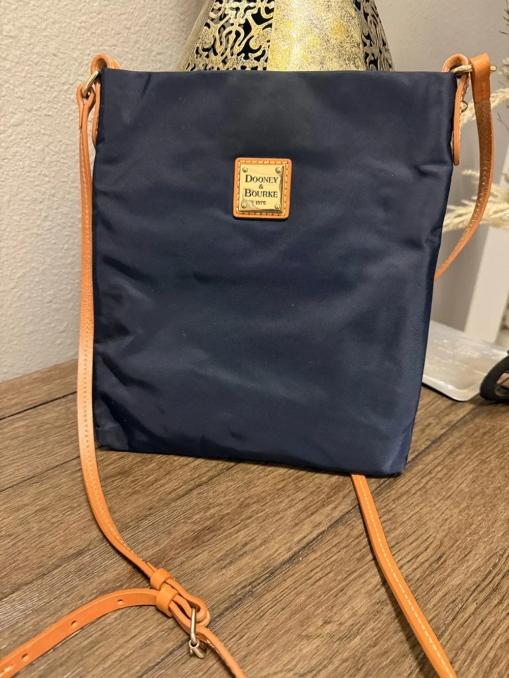 Dooney & Bourke Navy Crossbody with Tan Strap and Logo Plaque - Picture 3 of 8
